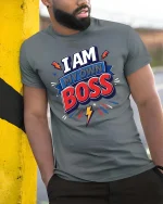 I Am My Own Boss Motivational Graphic T-Shirt Power Tee - model wearing grey tee, leaning on column