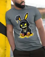 Streetwear Bunny Drip Hoodie Style Graphic T-Shirt Design - model wearing grey tee, leaning on column