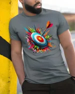 Bullseye Target Dart Color Splash Graphic T-Shirt Design - model wearing grey tee, leaning on column