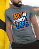 Art Is My Life Creative Artist Graphic Paint Splash T-Shirt - model wearing grey tee, leaning on column