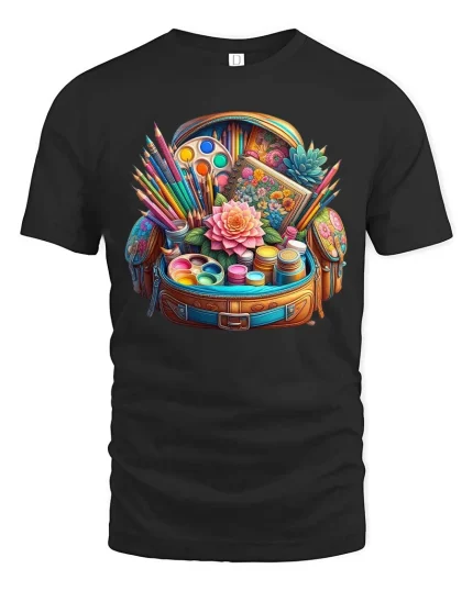 Colorful Art Supplies Bag Creative Artist Tools Graphic Tshirt - black t-shirt on white background