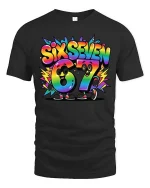 Six Seven 67 Rainbow Cartoon Number Fun Graphic Tshirt - black t-shirt on white background