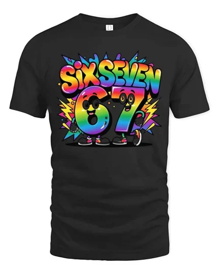 Six Seven 67 Rainbow Cartoon Number Fun Graphic Tshirt - black t-shirt on white background