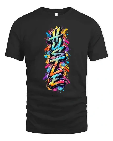 Hustle Graffiti Style Color Splash Urban Street Art Tshirt - black t-shirt on white background