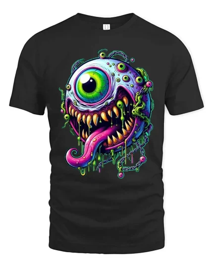 Psychedelic One Eye Monster Drip Neon Horror Graphic Tshirt - black t-shirt on white background