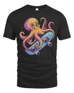 Cool Skateboarding Octopus Cartoon Fun Ocean Style Tshirt - black t-shirt on white background