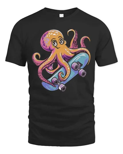 Cool Skateboarding Octopus Cartoon Fun Ocean Style Tshirt - black t-shirt on white background