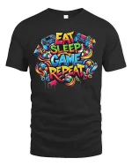 Eat Sleep Game Repeat Colorful Gamer Street Style Tshirt - black t-shirt on white background