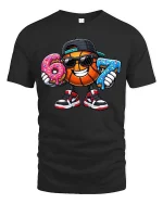 Funny Basketball Donut Lover Street Style Graphic Tshirt - black t-shirt on white background