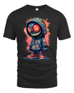 Urban Skull Hoodie Street Art Cartoon Style Graphic Tshirt - black t-shirt on white background