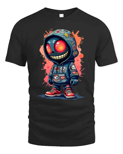 Urban Skull Hoodie Street Art Cartoon Style Graphic Tshirt - black t-shirt on white background