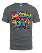 Six Seven 67 Rainbow Cartoon Number Fun Graphic Tshirt - gray t-shirt on white background