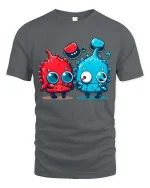 Cute Alien Duo Cartoon Funny Colorful Characters Graphic Tshirt - gray t-shirt on white background