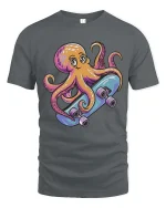 Cool Skateboarding Octopus Cartoon Fun Ocean Style Tshirt - gray t-shirt on white background