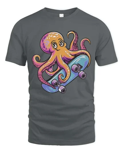 Cool Skateboarding Octopus Cartoon Fun Ocean Style Tshirt - gray t-shirt on white background