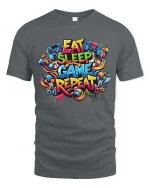 Eat Sleep Game Repeat Colorful Gamer Street Style Tshirt - gray t-shirt on white background