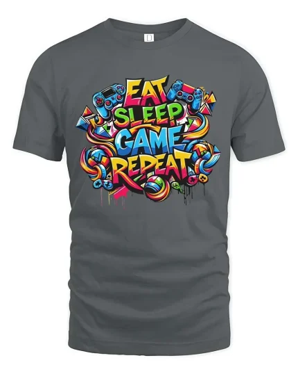 Eat Sleep Game Repeat Colorful Gamer Street Style Tshirt - gray t-shirt on white background
