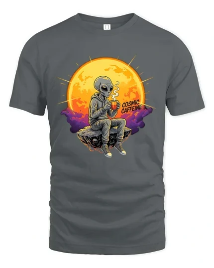 Cosmic Caffeine Alien Coffee Space Vibes Graphic Tshirt - gray t-shirt on white background