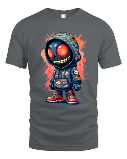 Urban Skull Hoodie Street Art Cartoon Style Graphic Tshirt - gray t-shirt on white background