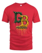 Green Gold Drip Letters Football Fan Style Graphic Tshirt - red t-shirt on white background
