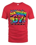 Six Seven 67 Rainbow Cartoon Number Fun Graphic Tshirt - red t-shirt on white background