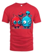 Cute Alien Duo Cartoon Funny Colorful Characters Graphic Tshirt - red t-shirt on white background
