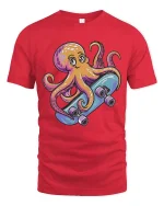 Cool Skateboarding Octopus Cartoon Fun Ocean Style Tshirt - red t-shirt on white background