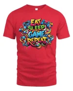Eat Sleep Game Repeat Colorful Gamer Street Style Tshirt - red t-shirt on white background