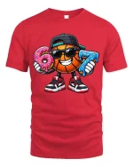 Funny Basketball Donut Lover Street Style Graphic Tshirt - red t-shirt on white background