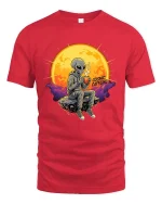 Cosmic Caffeine Alien Coffee Space Vibes Graphic Tshirt - red t-shirt on white background
