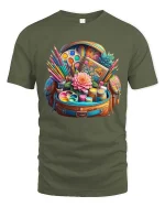 Colorful Art Supplies Bag Creative Artist Tools Graphic Tshirt - military green t-shirt on white background