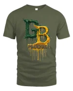 Green Gold Drip Letters Football Fan Style Graphic Tshirt - military green t-shirt on white background