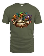 Strumming Birds Guitar Music Cute Cartoon Graphic Tshirt - military green t-shirt on white background