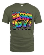 Six Seven 67 Rainbow Cartoon Number Fun Graphic Tshirt - military green t-shirt on white background