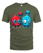 Cute Alien Duo Cartoon Funny Colorful Characters Graphic Tshirt - military green t-shirt on white background