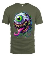 Psychedelic One Eye Monster Drip Neon Horror Graphic Tshirt - military green t-shirt on white background