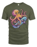 Cool Skateboarding Octopus Cartoon Fun Ocean Style Tshirt - military green t-shirt on white background