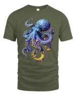 Vibrant Octopus Ocean Creature Artistic Graphic T Shirt - military green t-shirt on white background