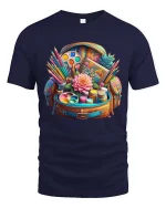 Colorful Art Supplies Bag Creative Artist Tools Graphic Tshirt - navy t-shirt on white background