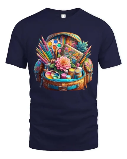 Colorful Art Supplies Bag Creative Artist Tools Graphic Tshirt - navy t-shirt on white background