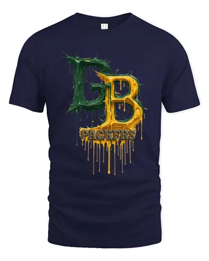 Green Gold Drip Letters Football Fan Style Graphic Tshirt - navy t-shirt on white background