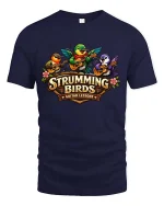 Strumming Birds Guitar Music Cute Cartoon Graphic Tshirt - navy t-shirt on white background
