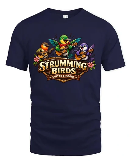 Strumming Birds Guitar Music Cute Cartoon Graphic Tshirt - navy t-shirt on white background