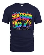 Six Seven 67 Rainbow Cartoon Number Fun Graphic Tshirt - navy t-shirt on white background