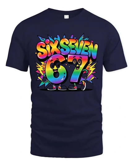 Six Seven 67 Rainbow Cartoon Number Fun Graphic Tshirt - navy t-shirt on white background