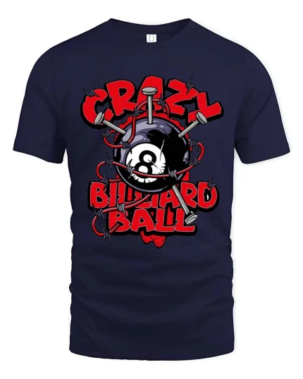 Crazy Billiard Ball Skull Style Funny Pool Graphic Tshirt - navy t-shirt on white background