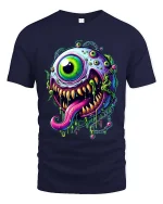 Psychedelic One Eye Monster Drip Neon Horror Graphic Tshirt - navy t-shirt on white background