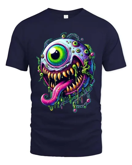 Psychedelic One Eye Monster Drip Neon Horror Graphic Tshirt - navy t-shirt on white background