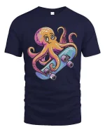 Cool Skateboarding Octopus Cartoon Fun Ocean Style Tshirt - navy t-shirt on white background