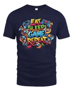 Eat Sleep Game Repeat Colorful Gamer Street Style Tshirt - navy t-shirt on white background